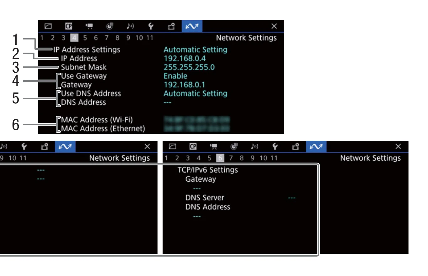 Canon EOS R5 C TCP IP status screens showing address, subnet, gateway and DNS fields