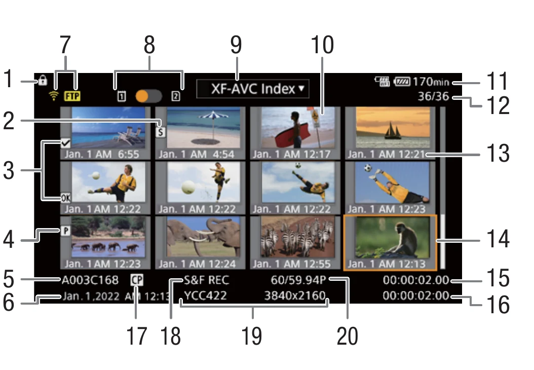 Canon EOS R5 C media index screen with clip thumbnails and FTP network status indicator