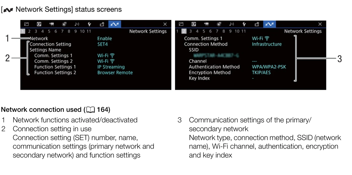 Canon EOS R5 C Network Settings status screens showing connection and communication settings
