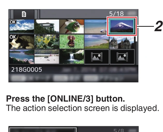 JVC GY-HC550 media thumbnail screen with one clip selected