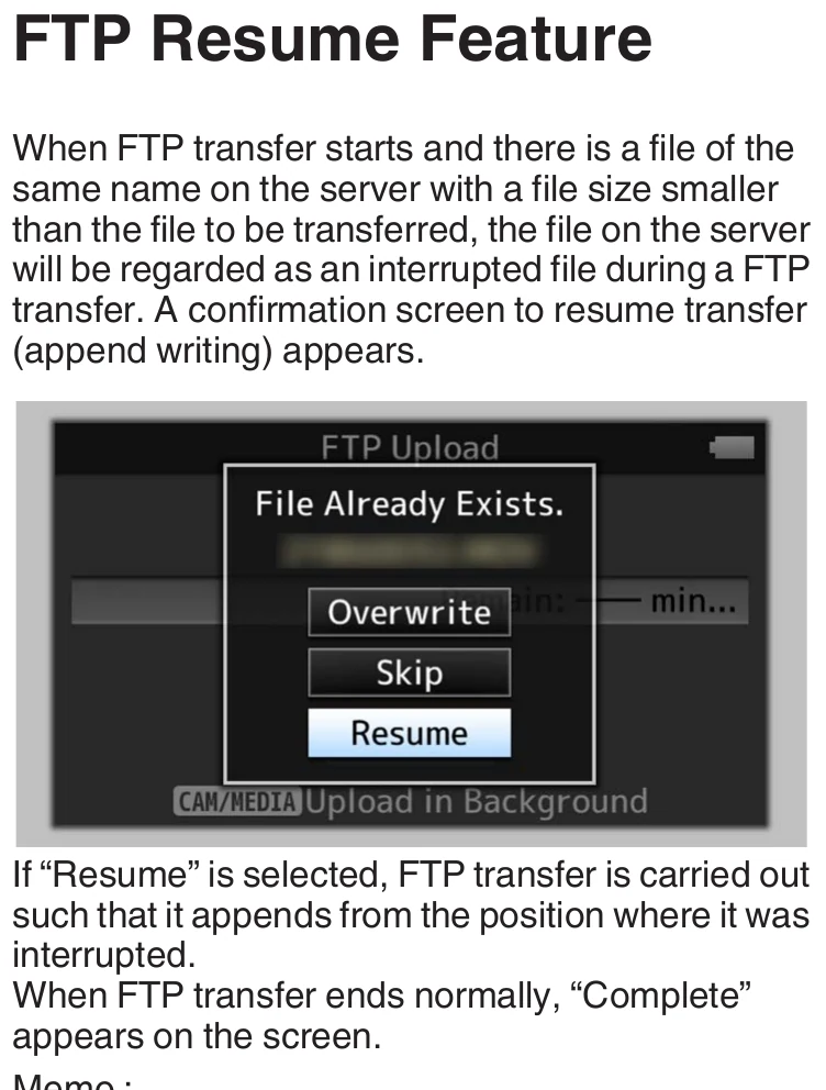 JVC GY-HC550 File Already Exists dialog with Overwrite Skip and Resume choices