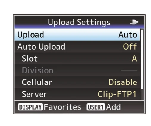 JVC GY-HC550 Upload Settings menu showing Upload, Auto Upload, Slot, Division, Cellular and Server