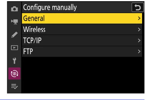 Nikon Z6III Configure manually menu showing General Wireless TCP IP and FTP