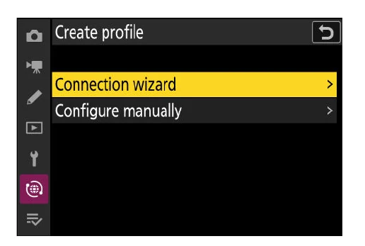Nikon Z6III Create profile menu with Connection wizard selected