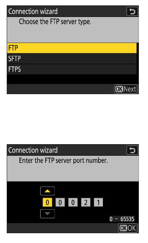 Nikon Z6III connection wizard screens for choosing FTP SFTP or FTPS and entering the server port